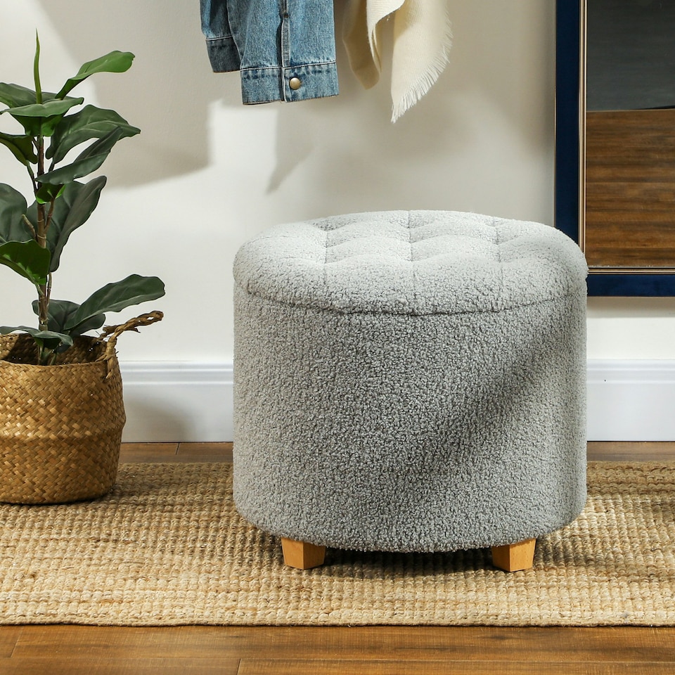 image 1 of HOMCOM 45cm Round Ottoman with Storage, Lid, Cashmere Footstool, Grey