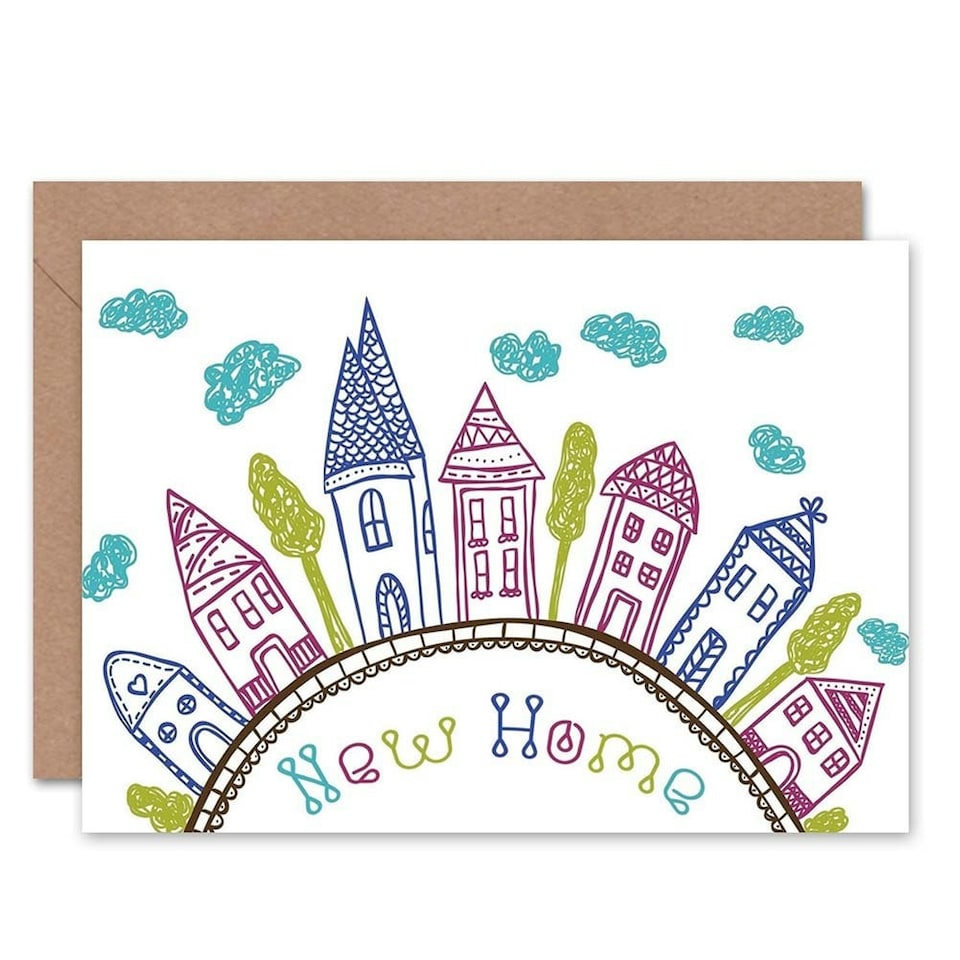 image 1 of Moving House Kids Drawing City Clouds New Home Card