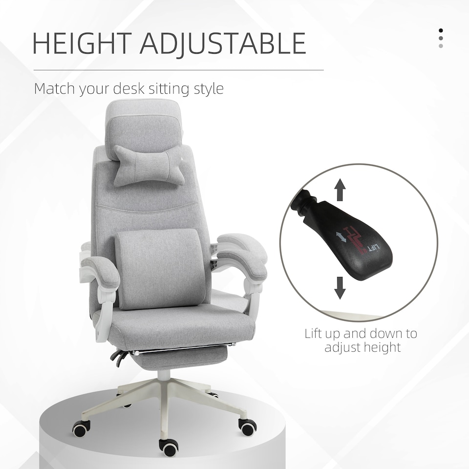 image 1 of Vinsetto Office Chair, Ergonomic Desk Chair, High Back Fabric Work Chair with 160 Reclining Backrest, Retractable Footrest, Neck and Lumbar Pillow for Home and Study, Grey