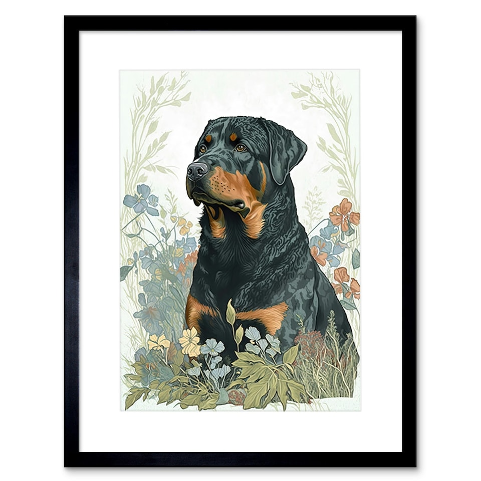 image 1 of Rottweiler Dog Sitting Flower Field Modern Watercolour 9x7" Black Framed Wall Art Print