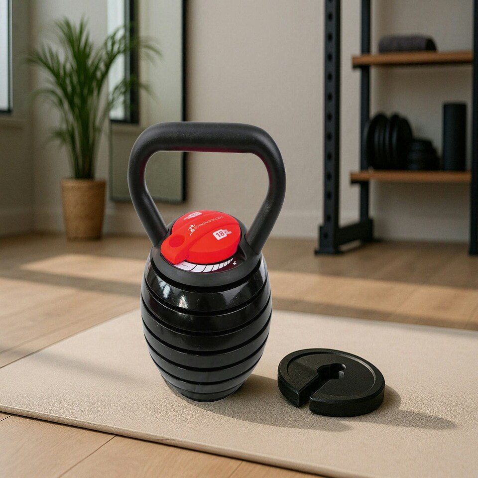 image 1 of Strongology 7-in-1 Adjustable Smart Kettlebell up to 18kg Black with Red Dial Home Fitness Gym Equipment