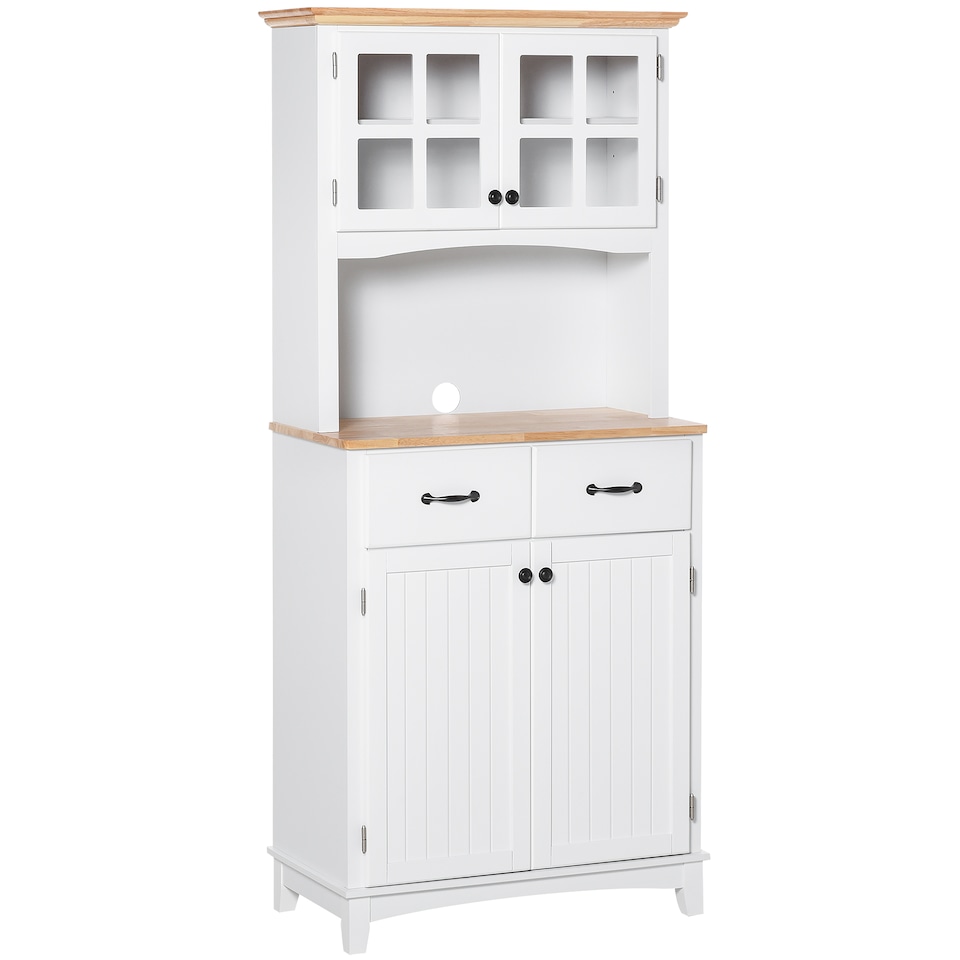 image 1 of HOMCOM Freestanding Kitchen Cupboard, Kitchen Storage Cabinet with Framed Glass Doors, 2 Drawers, Microwave Counter, 172cm, White