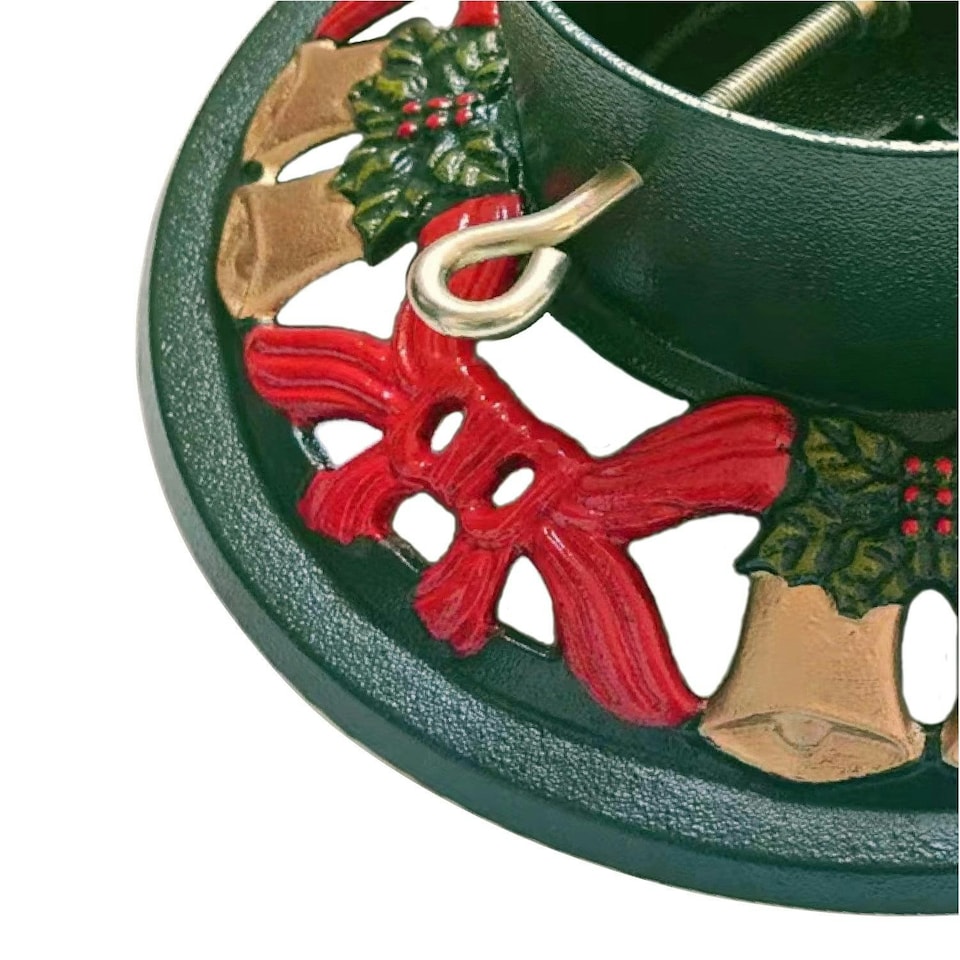 image 1 of Holly International Cast Iron Christmas Tree Stand for Real Trees up to 8ft - Round Bells & Bows