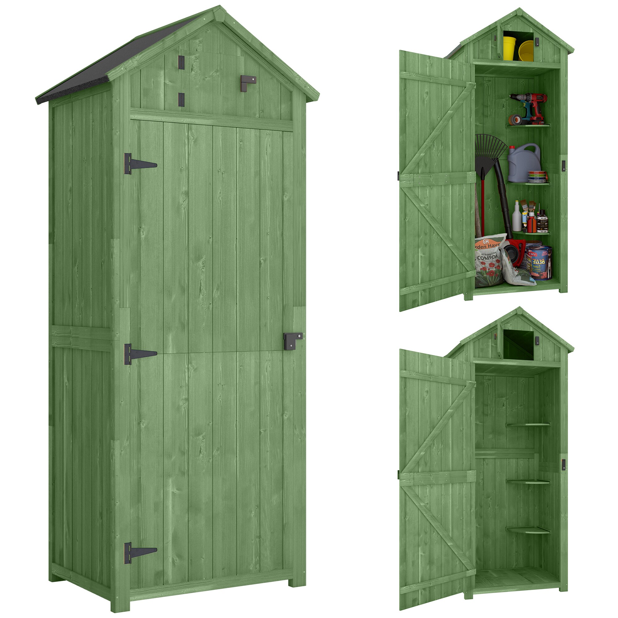Outsunny Wooden Garden Storage Shed Tool Storage Box, 77 x 54 x 179 cm, Green | Green