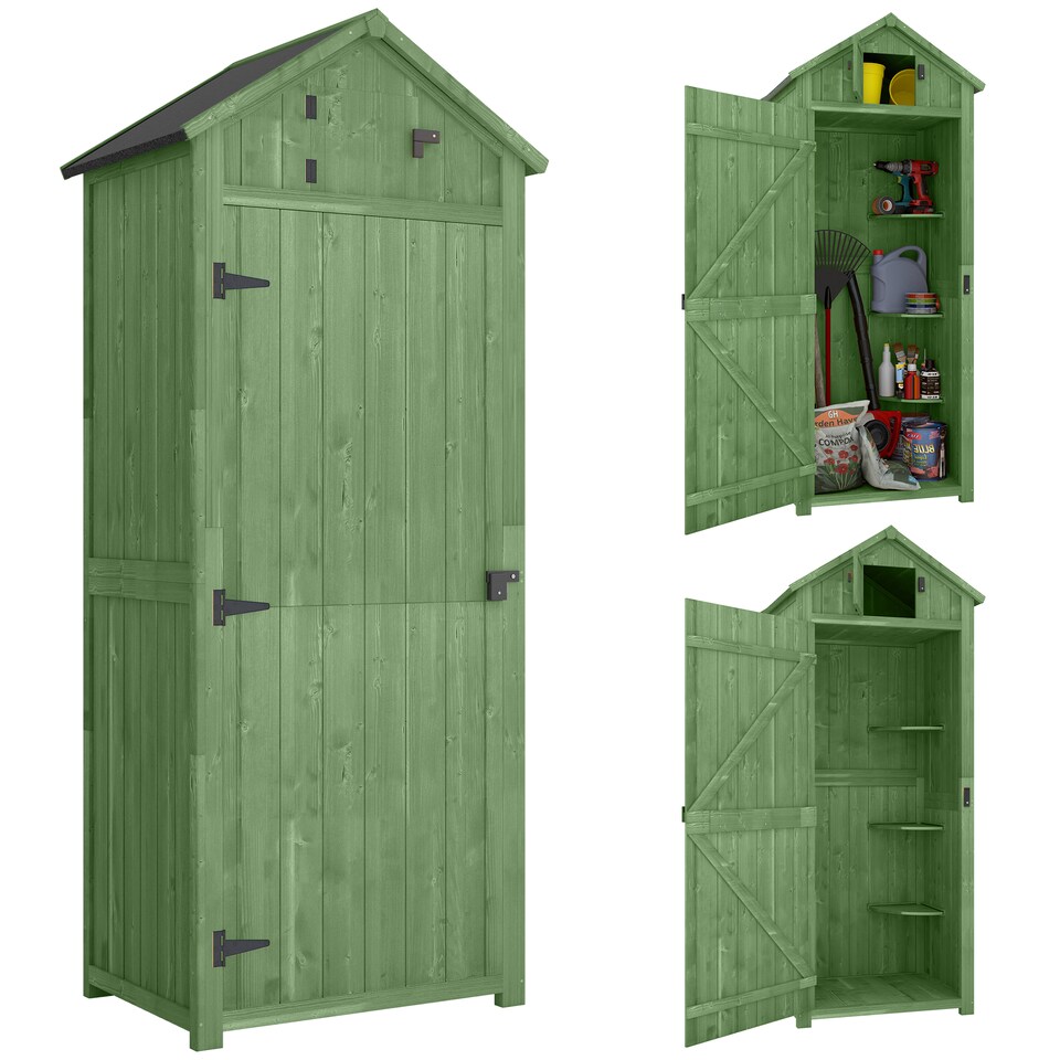 image 1 of Outsunny Small Shed, Tall Slim Wooden Garden Shed with 3 Removable Shelves and Roof Hatch, Compact Outdoor Tool Storage Cabinet with Asphalt Roof and Door Latch, 77 x 54.2 x 179 cm, Green