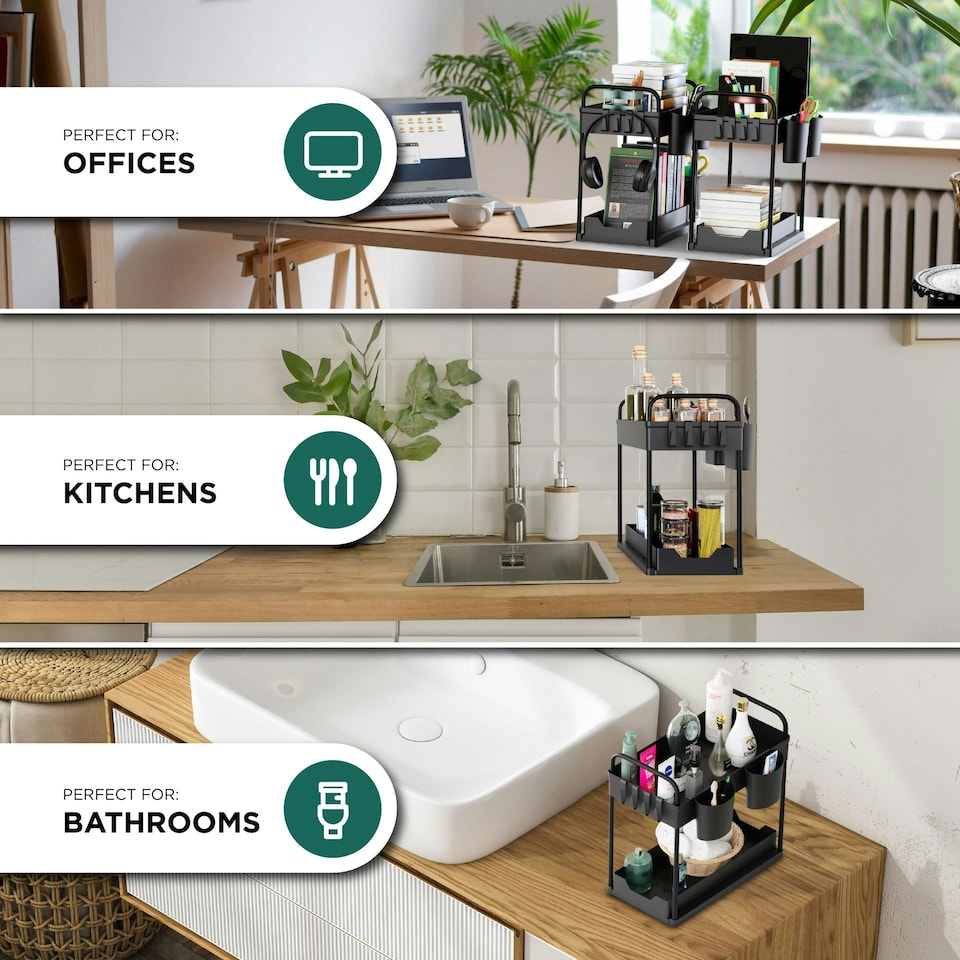 image 1 of DMD 2 Pack Under Sink Storage Kitchen Organiser with Pull Out Shelf Black