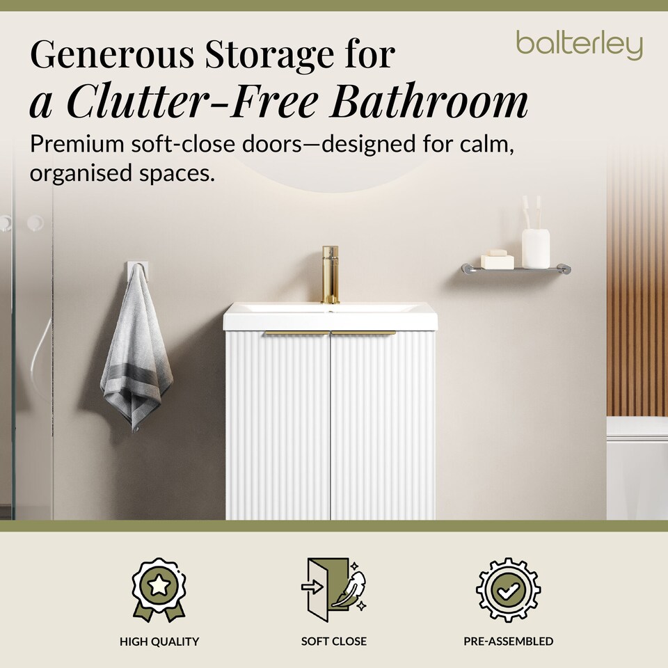 image 1 of Balterley Fluted 2-Door Floor Standing Vanity Unit with Basin & Handles | White | Satin White