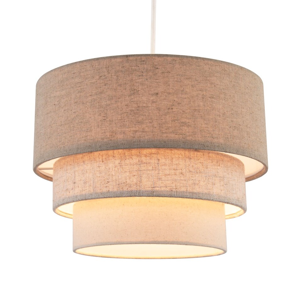 image 1 of Contemporary Round Triple Tier Beige and Oatmeal Linen Pendant Shade