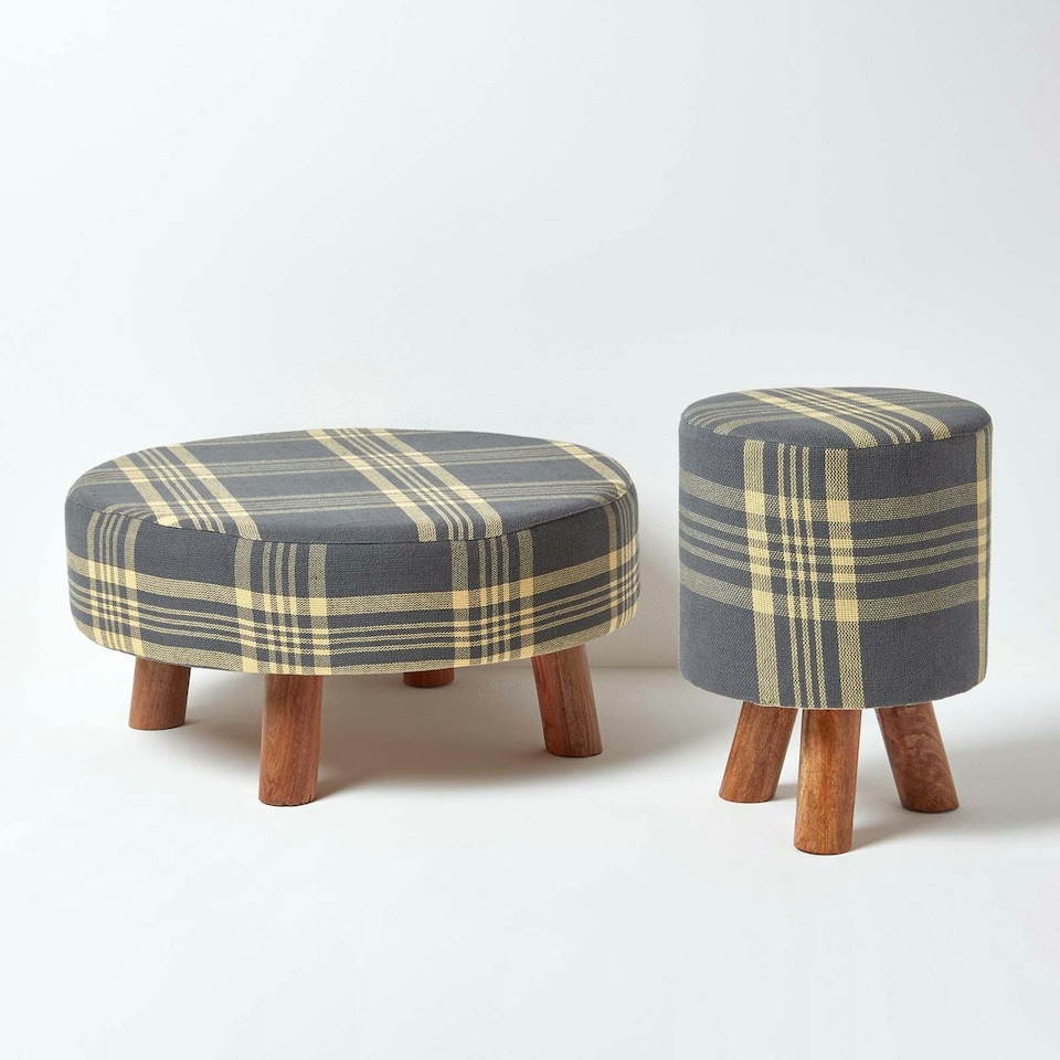 image 1 of Homescapes Grey and Yellow Tartan Fabric Flat Circular Stool with Wooden Legs | Grey | 62 x 62 x 30 cm