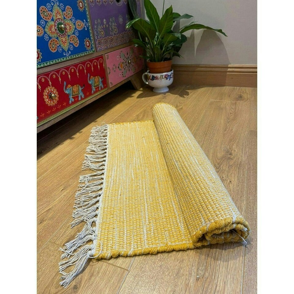 image 1 of Hush Hand Loomed Soft Rug in Muted Colours - Cotton - L120 x W180 cm - Mustard Yellow