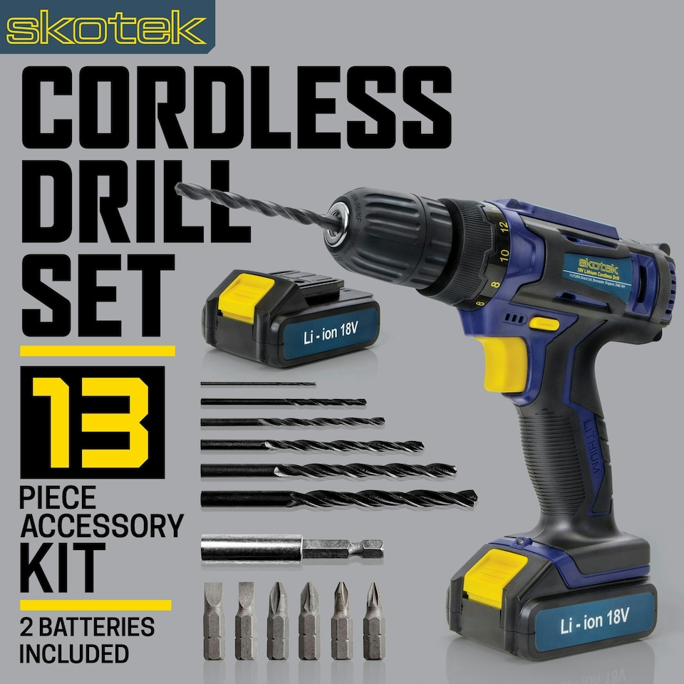image 1 of Skotek 18V Cordless Drill & 13pc Screwdriver Set (2 Batteries & Charger Included)