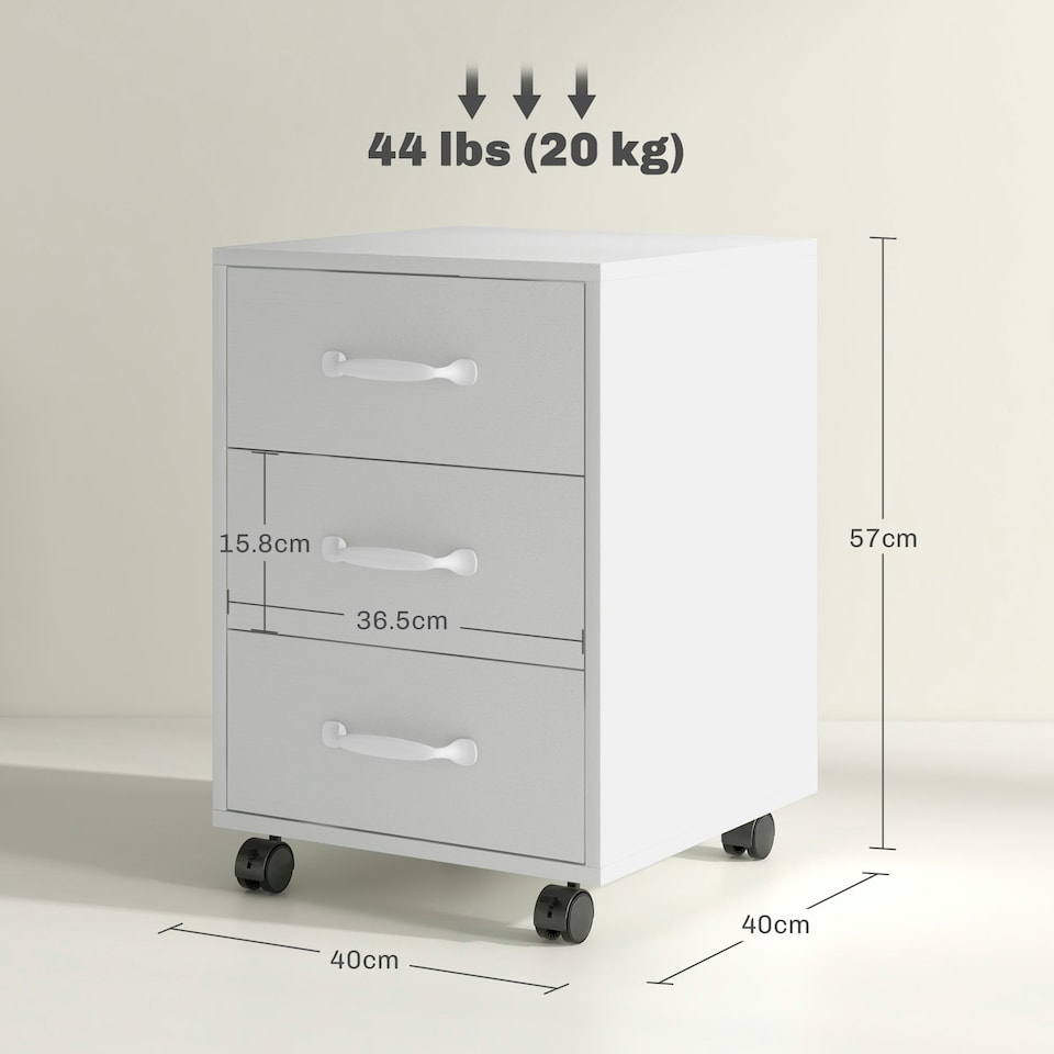 image 1 of HOMCOM File Cabinet with 3 Drawers, Under Desk Mobile Filing Cabinet White