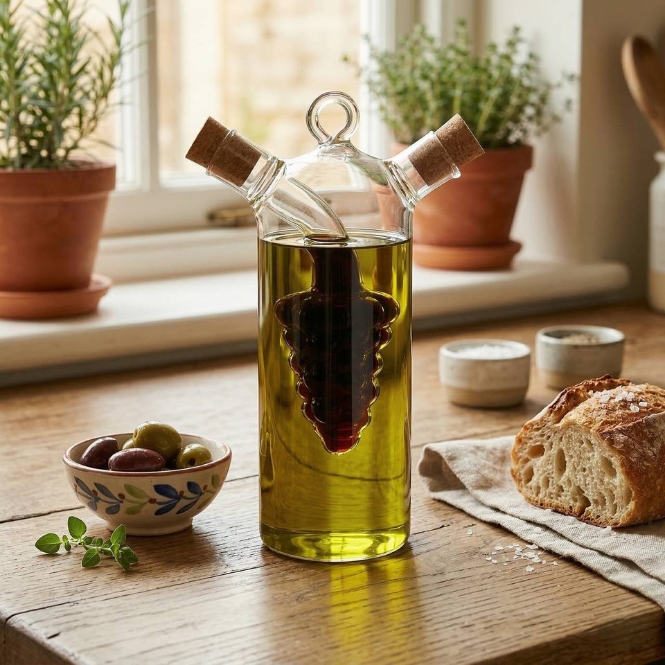 image 1 of 2 In 1 Glass Olive Oil And Vinegar Cruet Dispenser Bottle Dual Chamber