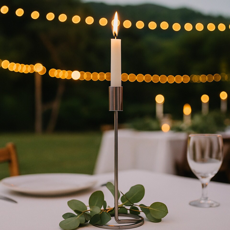 image 1 of Metal Candlestick Taper Candle Holder Stand Home Decor Wedding Table Centrepiece | Multi | 2x Silver | 25cm