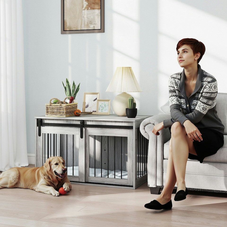 image 1 of PawHut Dog Crate Furniture with Removable Cushion for Large Dogs - Grey
