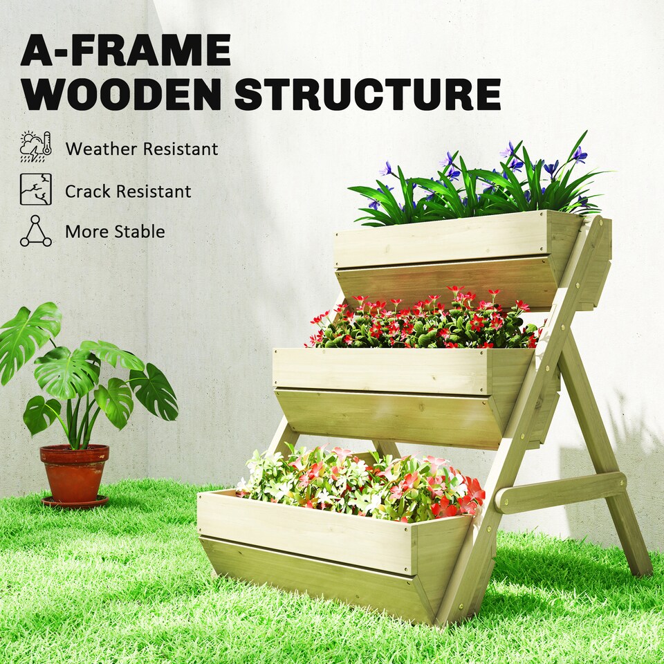 image 1 of Outsunny 3 Tier 66L Raised Garden Bed Wooden Elevated Planter Box Kit for Flower, Vegetable, Herb, 65 x 75 x 76cm, Green