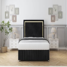 Sloomy Boston Gold Black Naples Divan Bed With Mattress 4 Drawers With 54" Floor Standing Headboard & 12" Matching Footboard 5' King | Black | Black | King | 1