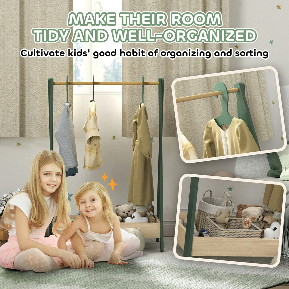 image 1 of AIYAPLAY Kids Clothes Rail with Hangers, Base Shelf for Girls, Boys, Green