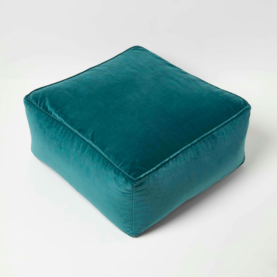 image 1 of Homescapes Teal Green Velvet Pouffe Bean Cube
