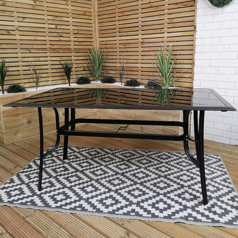 image 1 of Outdoor 6 Person Rectangular Glass Top Garden Dining Table Benches & Chairs With Beige Banana Parasol and Base