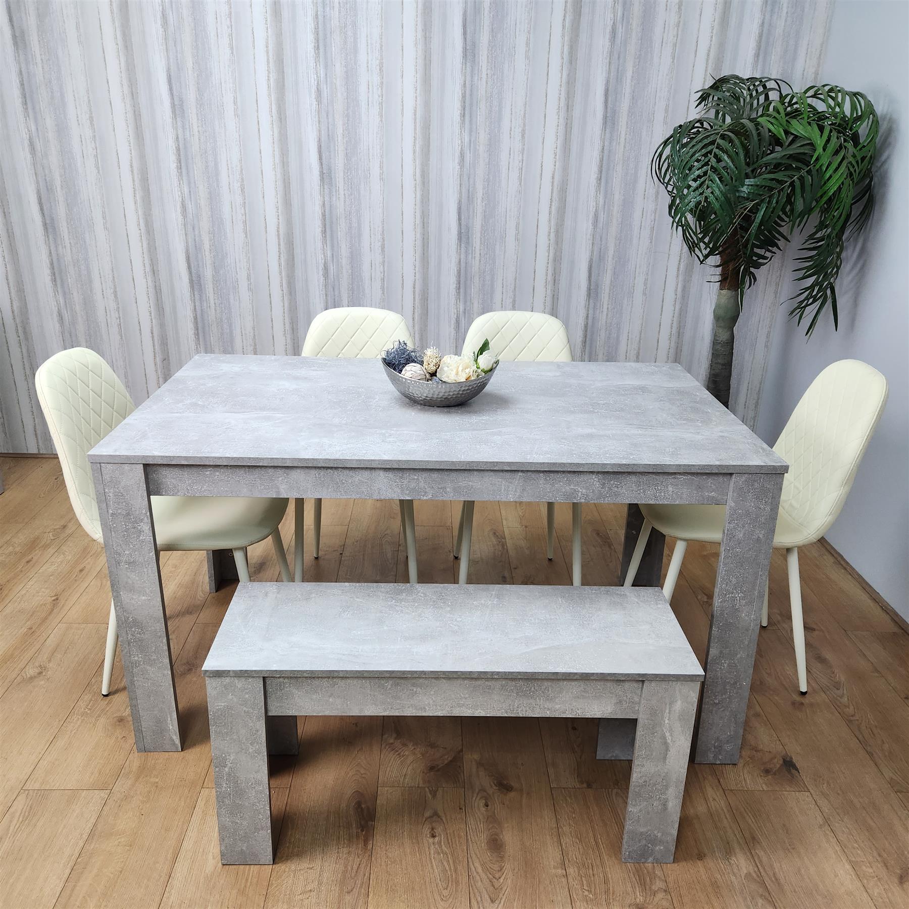 Wooden Rectangle Dining Table with Bench and 4 Cream Chairs Dining Room Furniture