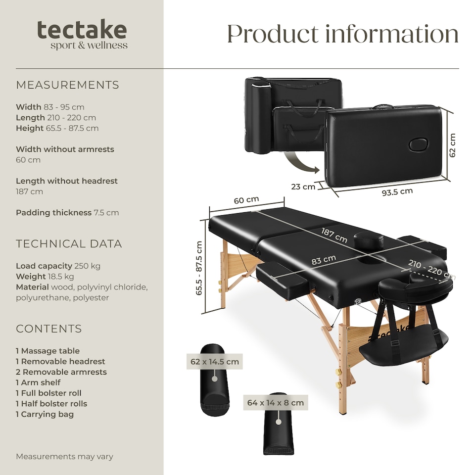 image 1 of Massage Table Set Suman - 2-zone, 7.5 cm padding, including bolsters, bag, head and armrests | Black | black | 1