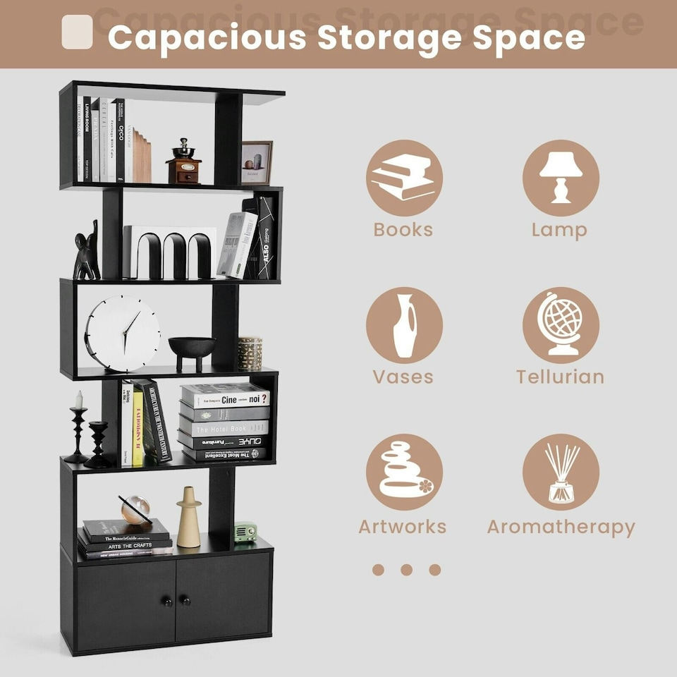 image 1 of COSTWAY 5-tier Bookcase S-Shaped Bookshelf Display Rack Black Black