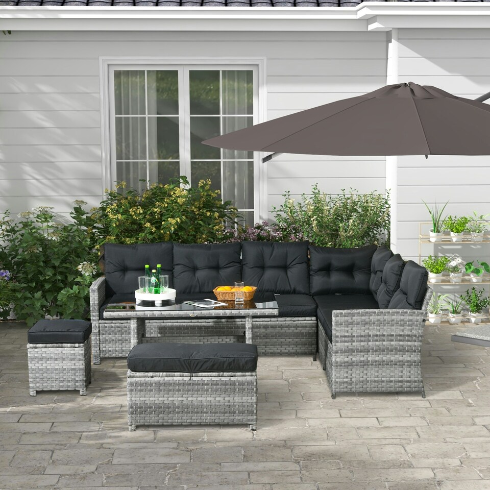 image 1 of Outsunny 5 PCs Rattan Garden Furniture Set with Stools, Table, Cushion, Grey