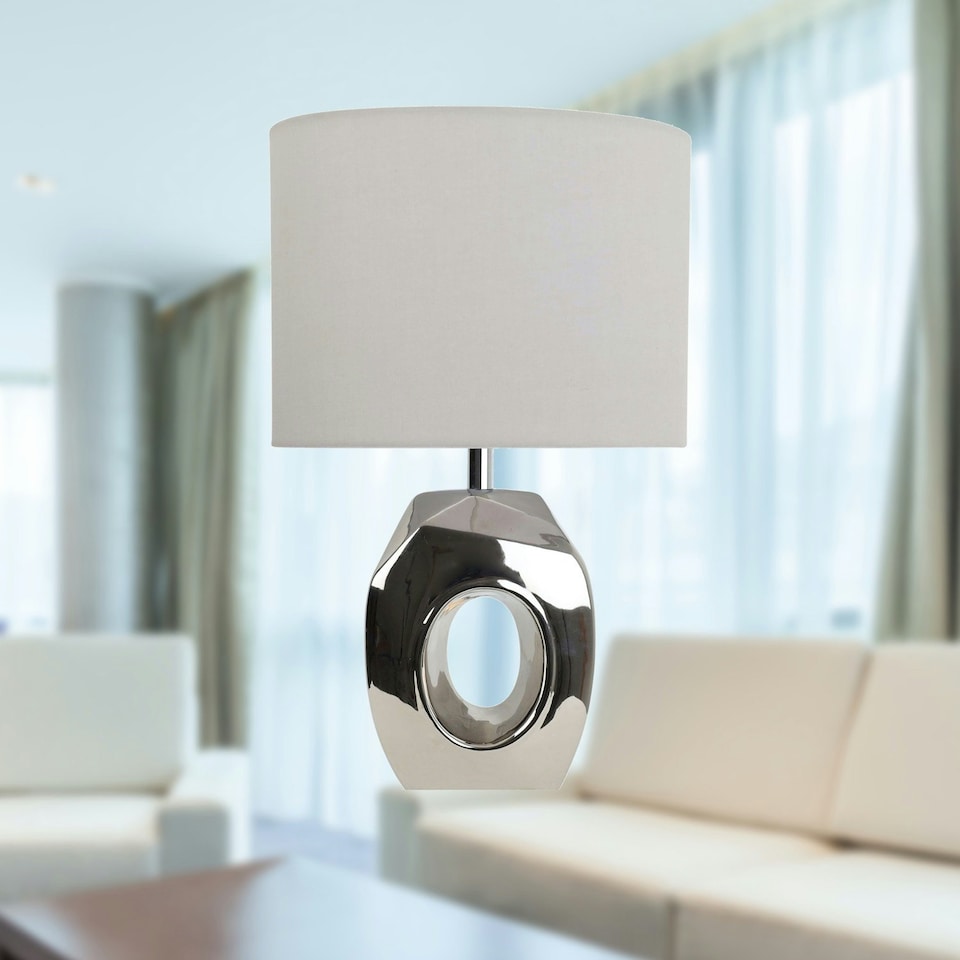 image 1 of Sculptured - Metallic Ceramic 38cm Table Lamp with Grey Fabric Shade Chrome | Grey