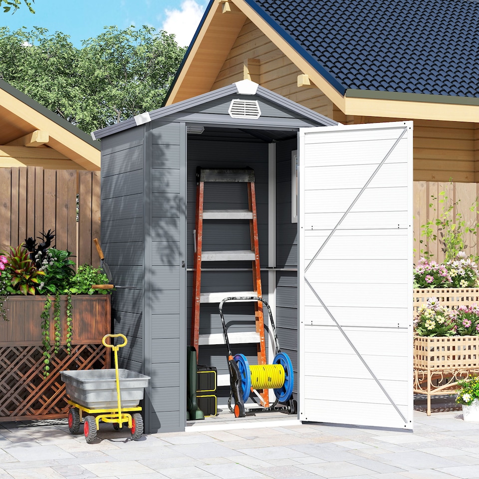 image 1 of Outsunny 4 x 3ft Plastic Garden Storage Shed with Foundation Kit, Polypropylene Outdoor Storage Tool House with Ventilation Slots and Lockable Door, Grey