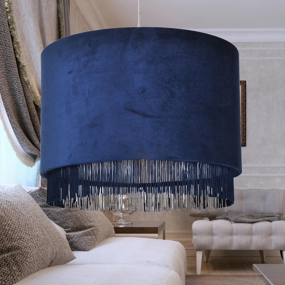 image 1 of Set of 2 Navy Velvet With Chrome Inner Tassled Light Shades | Blue | Chrome | Large | 2