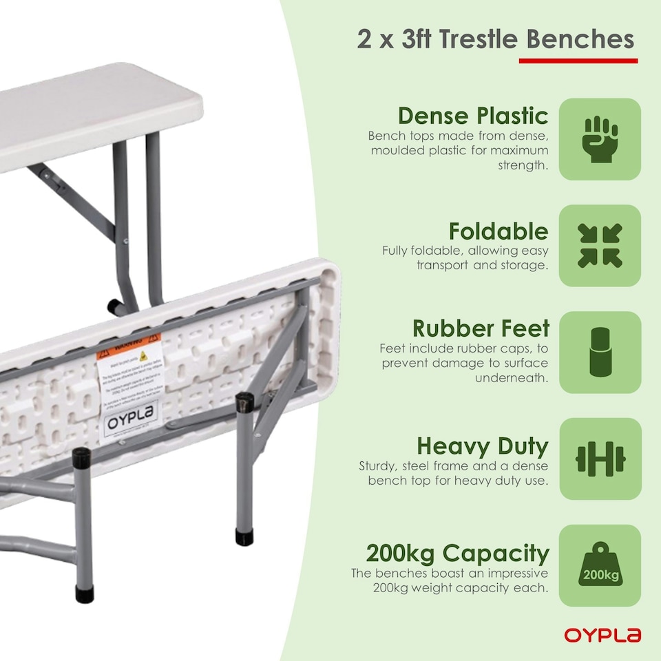 image 1 of Oypla 2x 3ft 95cm Folding Heavy Duty Outdoor 2 Person Trestle Bench Chair White