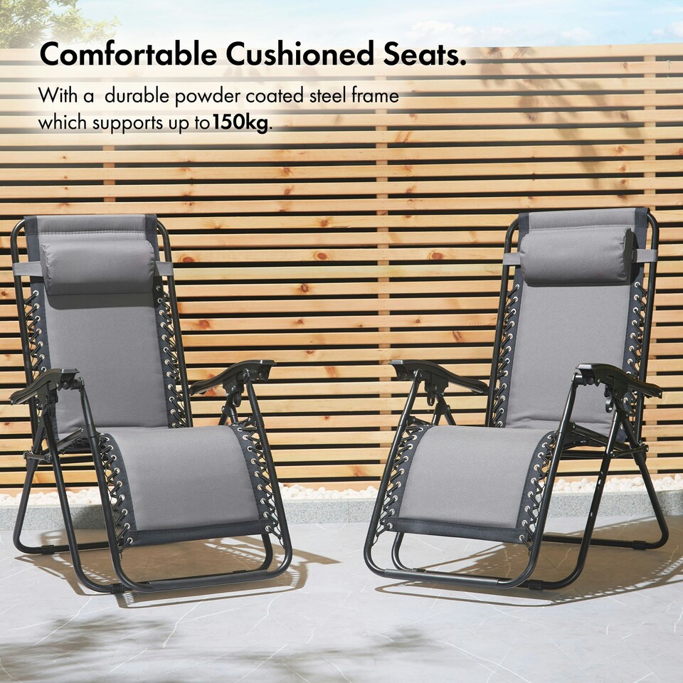 image 1 of VonHaus Set of 2 Padded Folding Zero Gravity Sun Lounger Chairs for Garden Grey