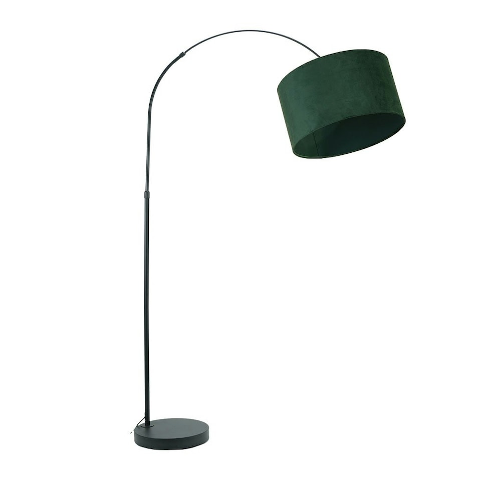 image 1 of ValueLights Louis Black Arched Curved Floor Lamp with Forest Green Velvet Drum Lamp Shade