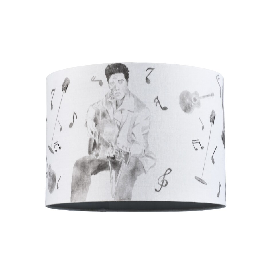 image 1 of Elvis Presley Themed Linen Lampshade with Famous Poses and Guitars Musical Notes | Grey
