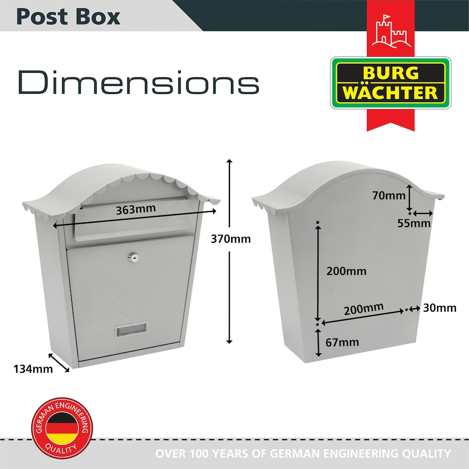 image 1 of Burg-Wachter Classic Wall Mounted Galvanised Steel Lockable Weatherproof Post Box - 36x37x13cm Grey | French Grey