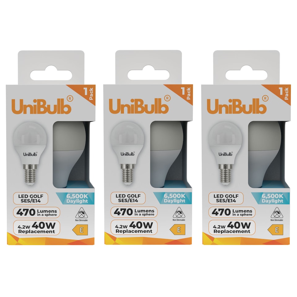 image 1 of UniBulb LED Golf Ball E14 Small Edison Screw (SES) 470lm 4.2W (Replaces 40W) 6500K (Daylight) Light Bulb - Pack of 3