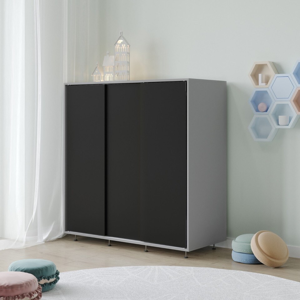 image 1 of 120cm 3 Sliding Doors Children Kids Wardrobe Bedroom Storage Closet Hanging Rail | Multi | Grey with Black Doors | 1