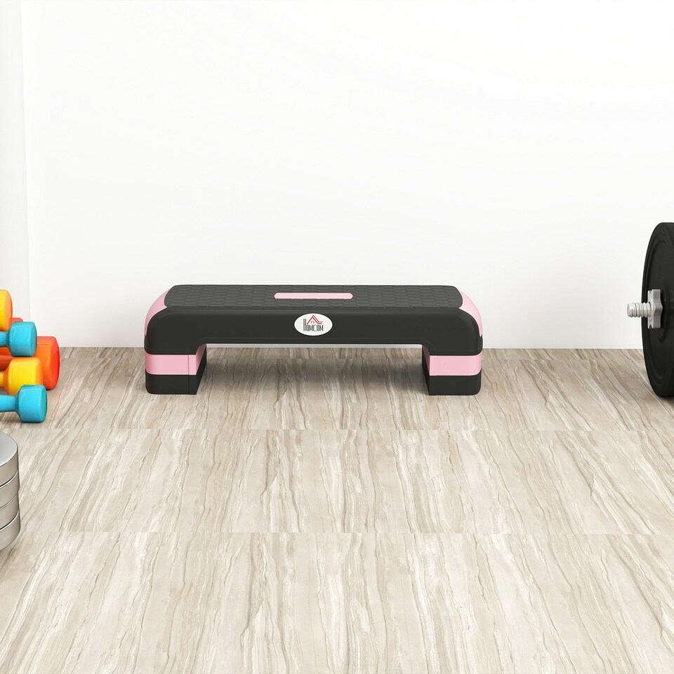 image 1 of HOMCOM Aerobic Step Three-Level Adjustable Exercise Stepper, Black and Pink