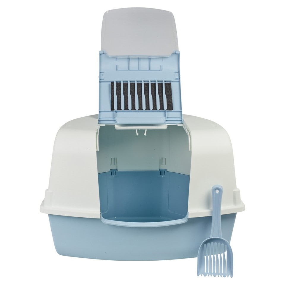 image 1 of Large Cat Corner Litter Tray Hooded Deep Cover Toilet Flap Box with Filter & Scoop | Blue | Light Blue | 1