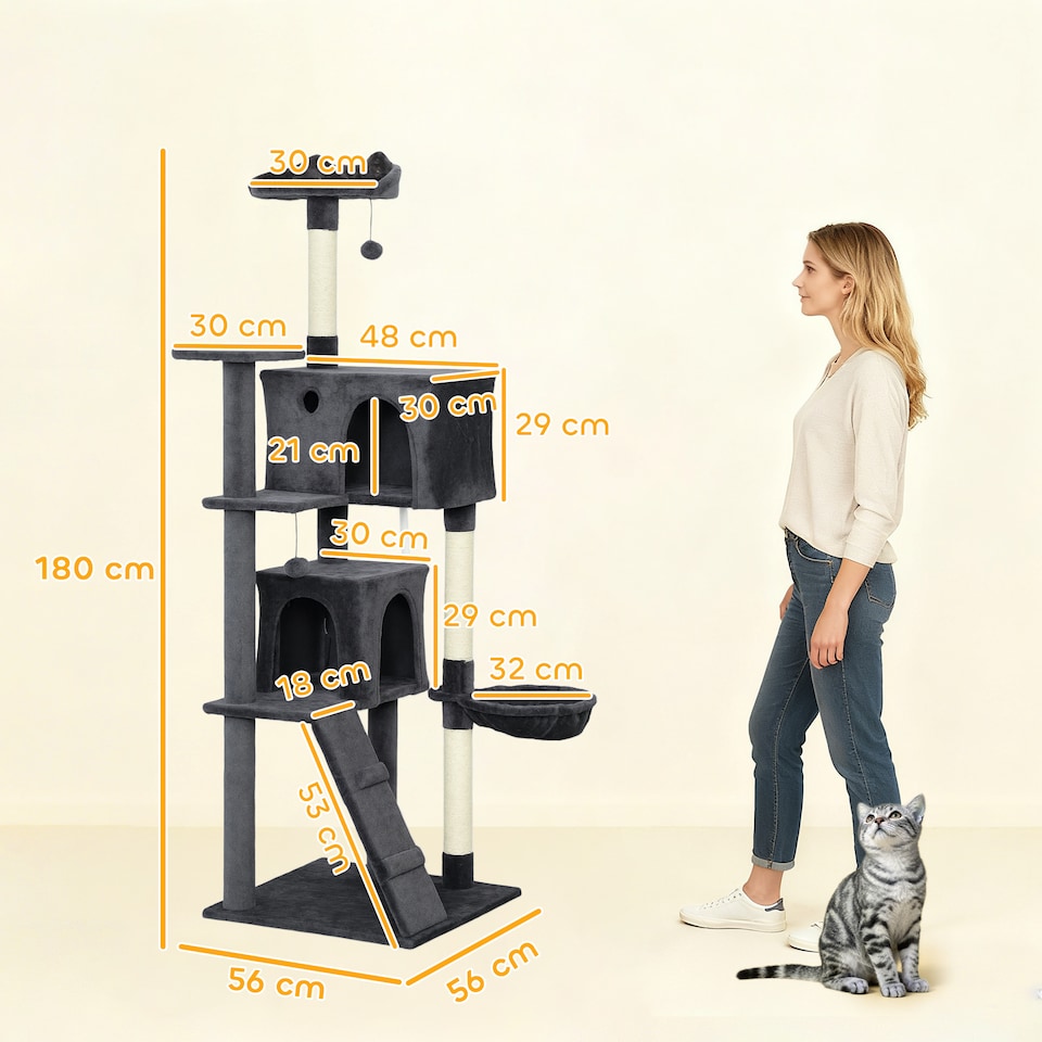 image 1 of PawHut 180cm Cat Tree, Multi-Level Large Cat Tower with 3 Sisal Scratching Posts, Condos, Plush Perches, Hammock, Ladder, Dangling Balls, Kitten Activity Centre for Kittens Playing Relaxing | Grey