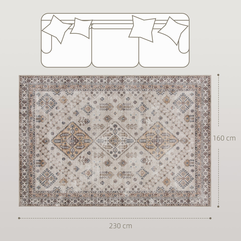 image 1 of HOMCOM Vintage Area Rug, Non-Slip Washable Rug, Flannel Floor Carpet for Living Room, Bedroom, Dining Room, Home Office, 230 x 160 cm, Beige