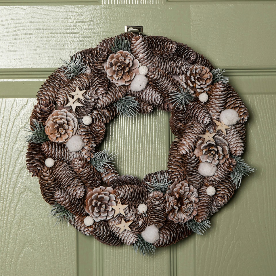 image 1 of 36cm Frosted Hanging Christmas Wreath with Pine Cones & Wooden Stars