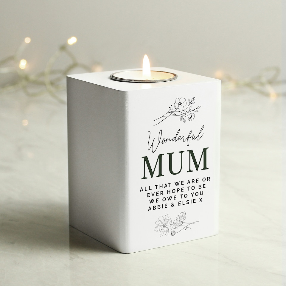 image 1 of Personalised Floral White Wooden Tea light Holder White