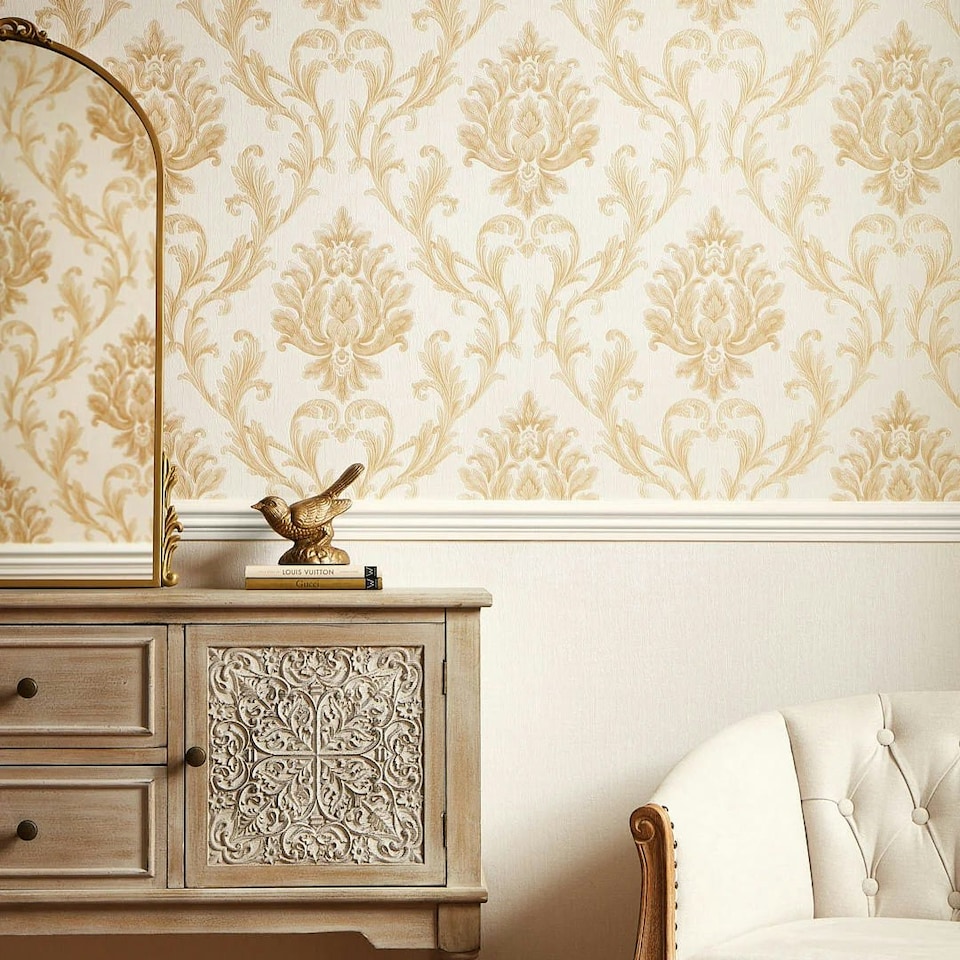 image 1 of Aurora Damask Wallpaper in Shimmering Ivory with Gold and Silver | Cream | Shimmering Ivory with Gold and Silver