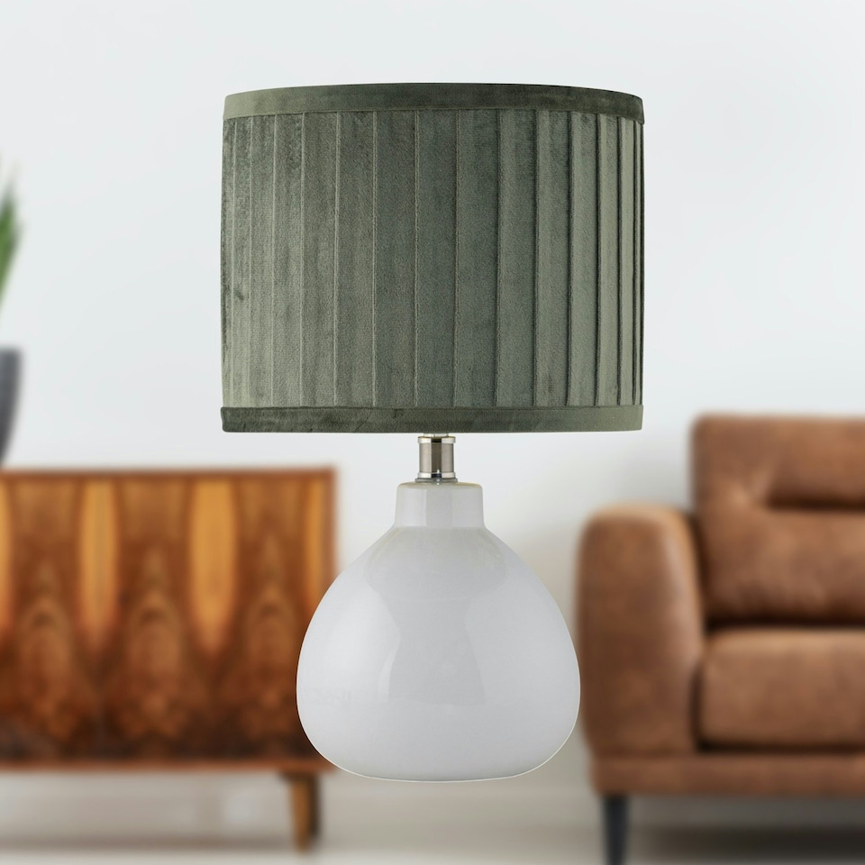 image 1 of First Choice Lighting Tuscan White Ceramic Lamp with Green Pleated Velvet Shade White | Green