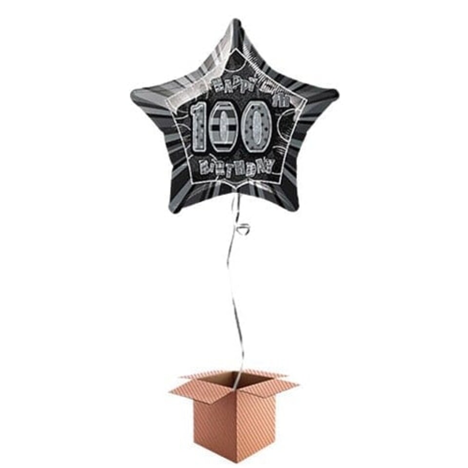 Black Glitz 100th Birthday Prismatic Star Shape Foil Balloon - Inflated Balloon in a Box