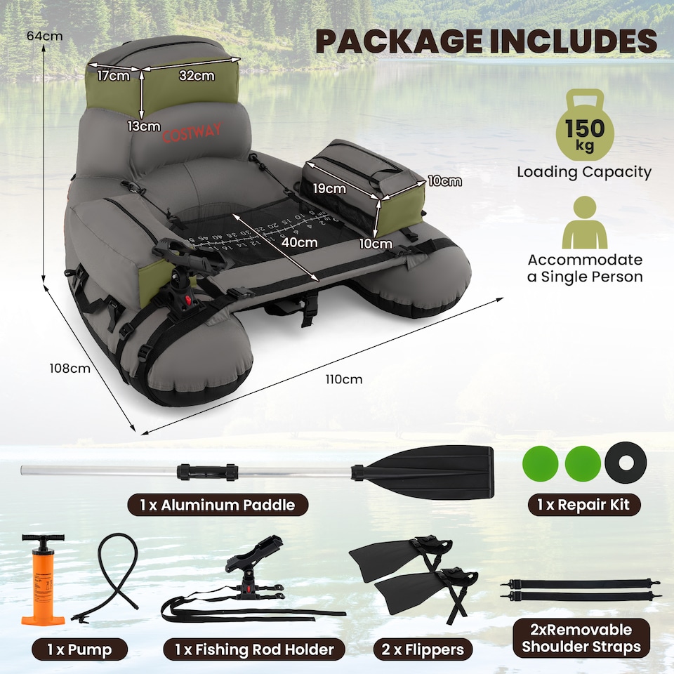 image 1 of COSTWAY Inflatable Fishing Float Tube Portable Fishing Boat w/ Shoulder Straps