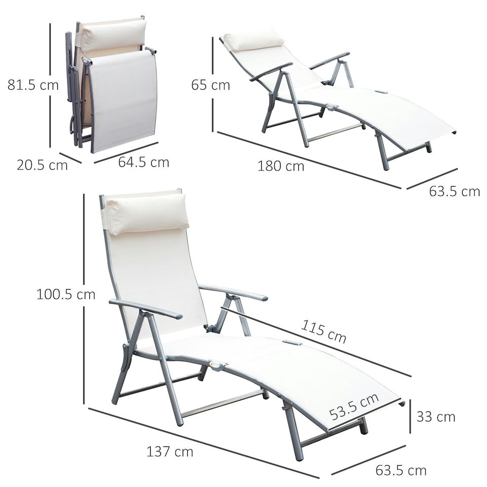 image 1 of Outsunny Sun Lounger Recliner Foldable 7 Levels Texteline Cream White