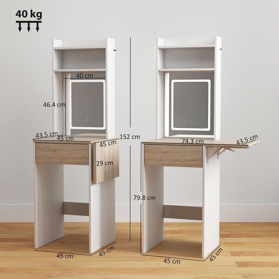 image 1 of HOMCOM Compact Dressing Table with Lighted Mirror Open Shelves Drawer | White